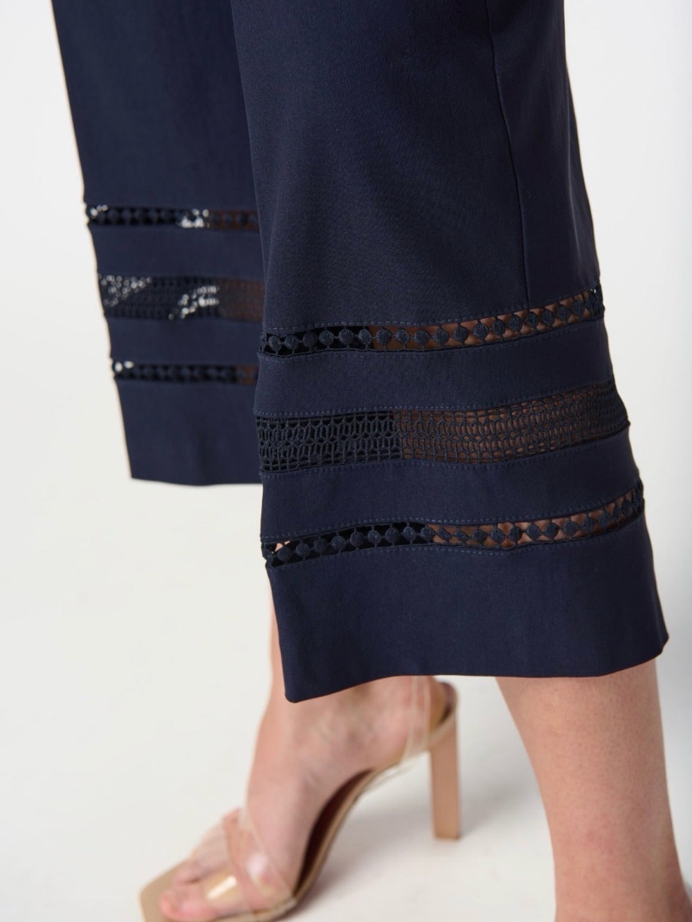 Navy Cropped Wide-Leg Pants with Ladder Trim by Joseph Ribkoff